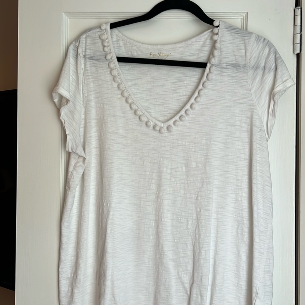Lily Pulitzer white top with pom Pom accents size large